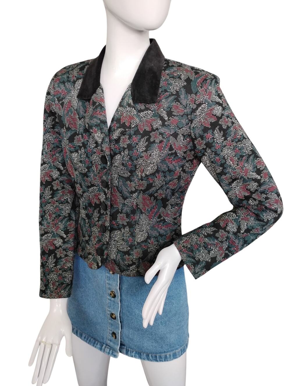 Vintage All That Jazz Short Blazer Size 7/8 Floral Dark Print Black Collar